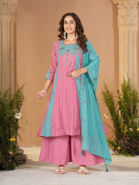 Dazzling Teal Pink Designer Anarkali Kurti with Multi-Thread Embroidery and Hand Work Kurtis