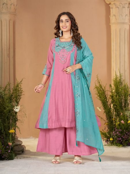 Dazzling Teal Pink Designer Anarkali Kurti with Multi-Thread Embroidery and Hand Work Anarkali Kurtis 