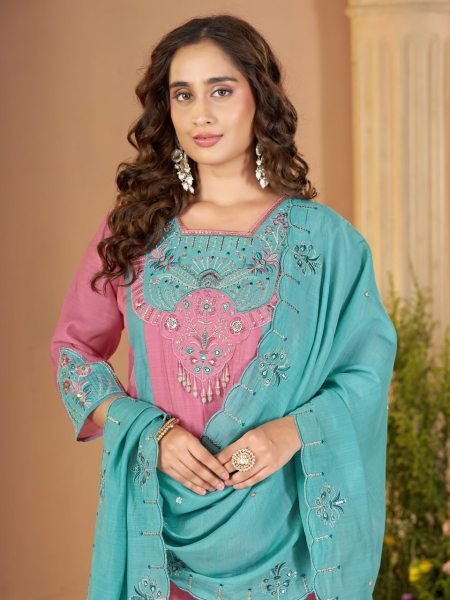 Dazzling Teal Pink Designer Anarkali Kurti with Multi-Thread Embroidery and Hand Work Anarkali Kurtis 