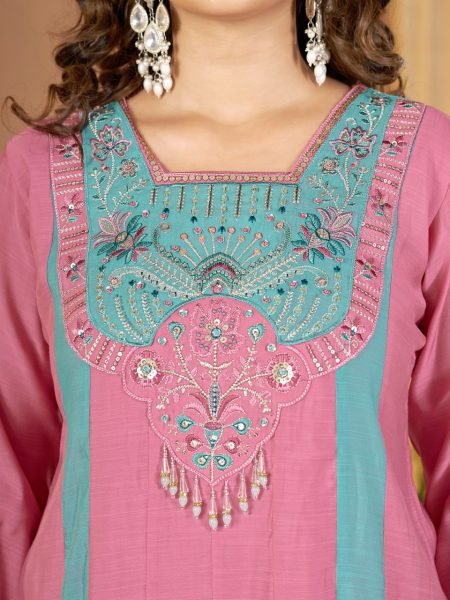 Dazzling Teal Pink Designer Anarkali Kurti with Multi-Thread Embroidery and Hand Work Anarkali Kurtis 