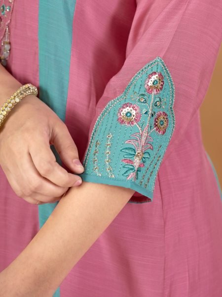 Dazzling Teal Pink Designer Anarkali Kurti with Multi-Thread Embroidery and Hand Work Anarkali Kurtis 