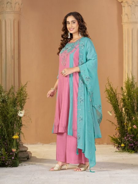 Dazzling Teal Pink Designer Anarkali Kurti with Multi-Thread Embroidery and Hand Work Anarkali Kurtis 