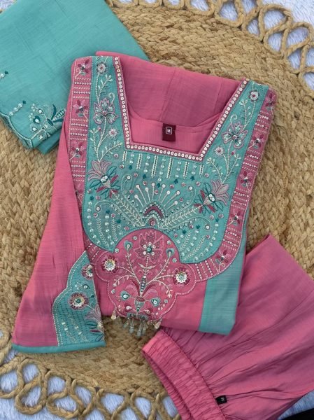 Dazzling Teal Pink Designer Anarkali Kurti with Multi-Thread Embroidery and Hand Work Anarkali Kurtis 