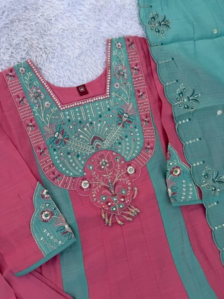 Dazzling Teal Pink Designer Anarkali Kurti with Multi-Thread Embroidery and Hand Work Anarkali Kurtis 