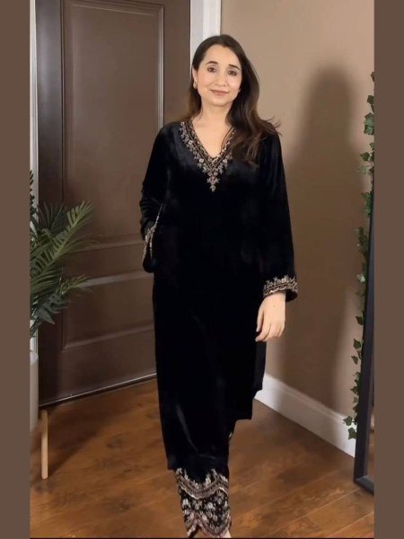 Dazzling Viscose Velvet Thread–Sequins Embroidered Top & Pant Set Ready-to-Wear Kurtis