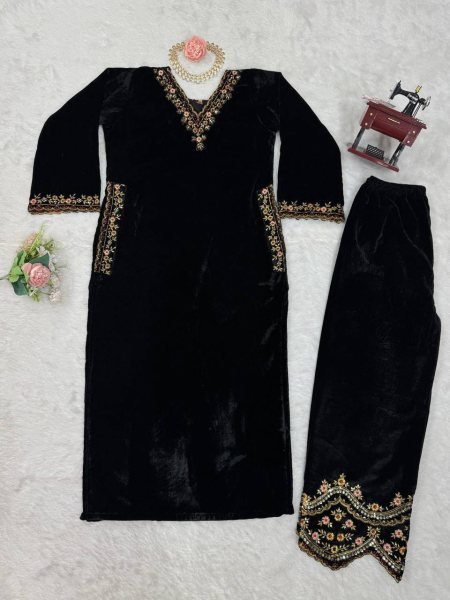 Dazzling Viscose Velvet Thread–Sequins Embroidered Top & Pant Set Ready-to-Wear Kurti With Bottom Wholesale
