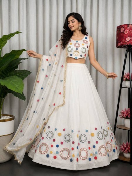 Dazzling White Boutique Quality Vichitra Silk Lehenga Choli with Heavy Embroidery  Lehenga