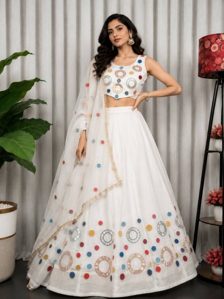 Dazzling White Boutique Quality Vichitra Silk Lehenga Choli with Heavy Embroidery Navratri Lehnega Choli