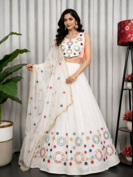 Dazzling White Boutique Quality Vichitra Silk Lehenga Choli with Heavy Embroidery Navratri Lehnega Choli