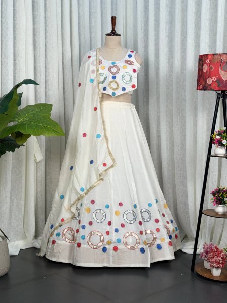 Dazzling White Boutique Quality Vichitra Silk Lehenga Choli with Heavy Embroidery Navratri Lehnega Choli