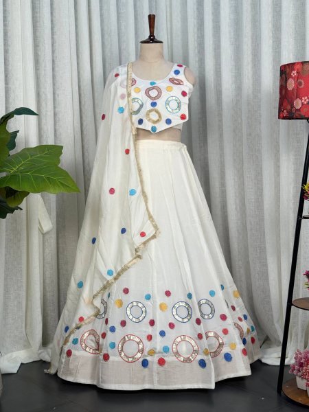 Dazzling White Boutique Quality Vichitra Silk Lehenga Choli with Heavy Embroidery Navratri Lehnega Choli