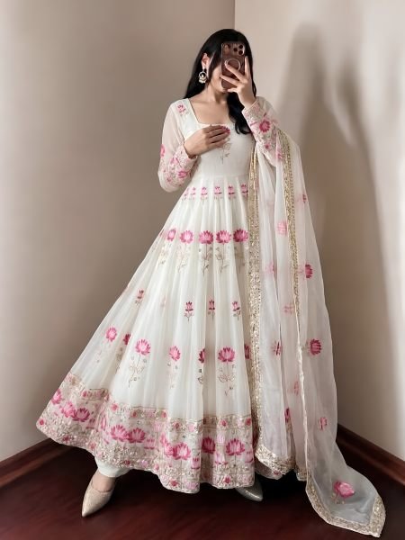 Dazzling White Fendy Silk Anarkali Gown with Heavy Sequin Embroidery Work For Festival 