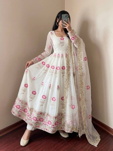 Dazzling White Fendy Silk Anarkali Gown with Heavy Sequin Embroidery Work For Festival Ready To Wear Collection