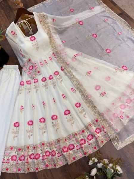 Dazzling White Fendy Silk Anarkali Gown with Heavy Sequin Embroidery Work For Festival Ready To Wear Collection