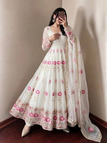 Dazzling White Fendy Silk Anarkali Gown with Heavy Sequin Embroidery Work For Festival Ready To Wear Collection