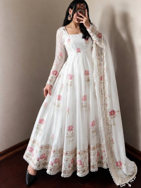 Dazzling White Fendy Silk Anarkali Gown with Heavy Sequin Embroidery Work For Festival Ready To Wear Collection