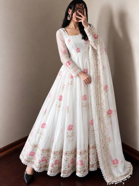 Dazzling White Fendy Silk Anarkali Gown with Heavy Sequin Embroidery Work For Festival Ready To Wear Collection