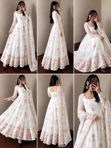 Dazzling White Fendy Silk Anarkali Gown with Heavy Sequin Embroidery Work For Festival Ready To Wear Collection
