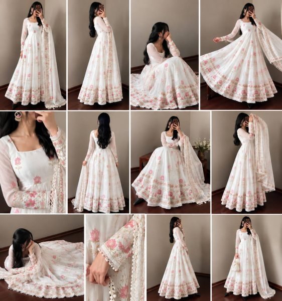 Dazzling White Fendy Silk Anarkali Gown with Heavy Sequin Embroidery Work For Festival Ready To Wear Collection