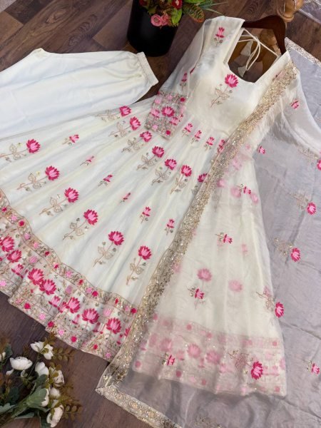 Dazzling White Fendy Silk Anarkali Gown with Heavy Sequin Embroidery Work For Festival Ready To Wear Collection