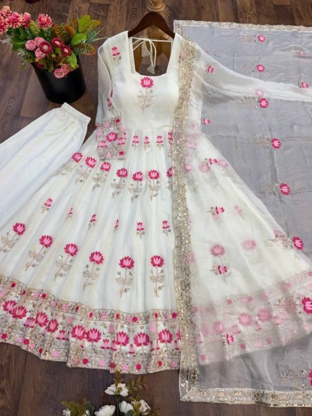 Dazzling White Fendy Silk Anarkali Gown with Heavy Sequin Embroidery Work For Festival Ready To Wear Collection