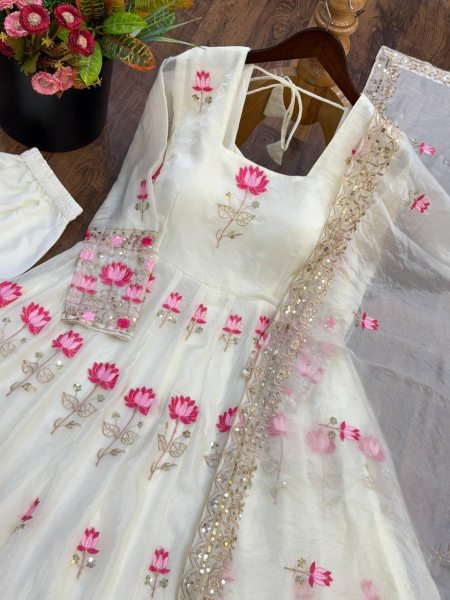 Dazzling White Fendy Silk Anarkali Gown with Heavy Sequin Embroidery Work For Festival Ready To Wear Collection