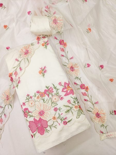  Dazzling White Floral Thread Embroidered Unstitched Salwar Suit Dress Material  Punjabi Dress Materials Wholesale