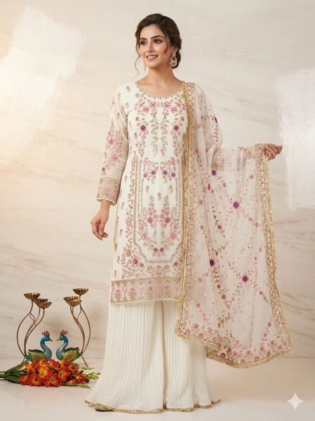 Dazzling White Fox Georgette Suit Set with Mirror Work and Dupatta Ready To Wear Collection