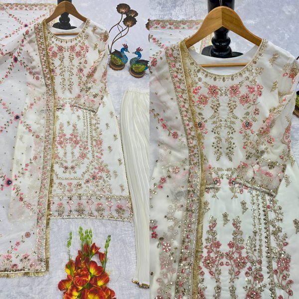 Dazzling White Fox Georgette Suit Set with Mirror Work and Dupatta Ready To Wear Collection