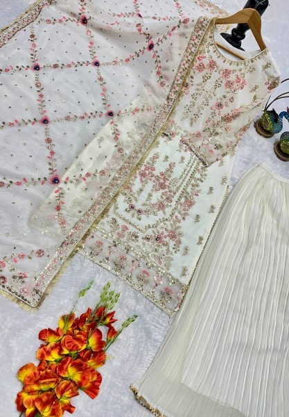 Dazzling White Fox Georgette Suit Set with Mirror Work and Dupatta Ready To Wear Collection