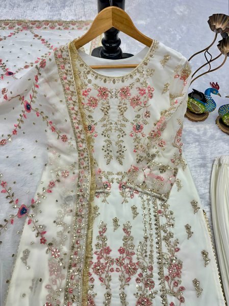 Dazzling White Fox Georgette Suit Set with Mirror Work and Dupatta Ready To Wear Collection