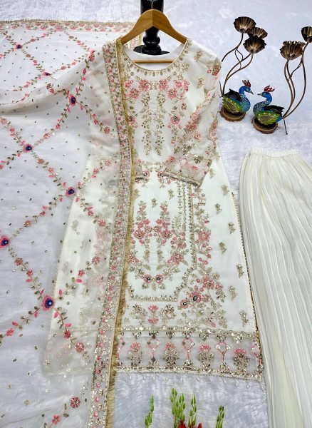 Dazzling White Fox Georgette Suit Set with Mirror Work and Dupatta Ready To Wear Collection