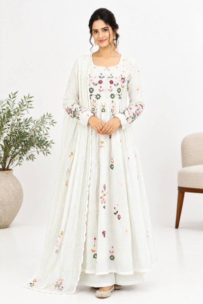 Dazzling White Mul Chanderi Pant Dupatta Set with GPO Lace and Potli at Manufacturer  Ready To Wear Collection