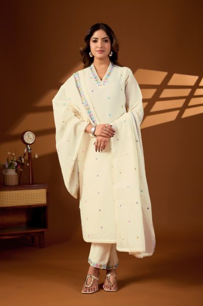 Dazzling White Pure Cotton Embroidered Kurti Pant Set with Cotton Dupatta for Daily Wear Cotton Kurtis Wholesale