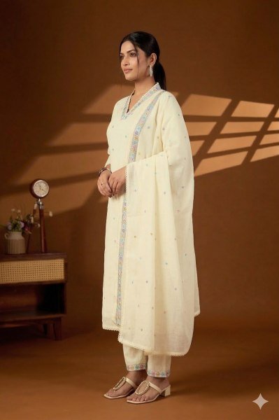 Dazzling White Pure Cotton Embroidered Kurti Pant Set with Cotton Dupatta for Daily Wear Cotton Kurtis Wholesale