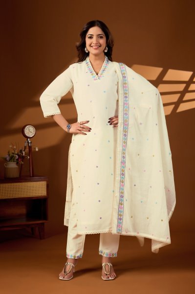 Dazzling White Pure Cotton Embroidered Kurti Pant Set with Cotton Dupatta for Daily Wear Cotton Kurtis Wholesale