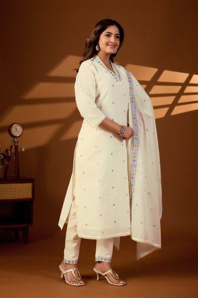 Dazzling White Pure Cotton Embroidered Kurti Pant Set with Cotton Dupatta for Daily Wear Cotton Kurtis Wholesale