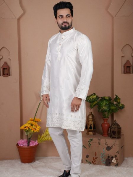 Dazzling White Stylish Men Kurta with Sequins Work for Wedding Wear Mens Wear