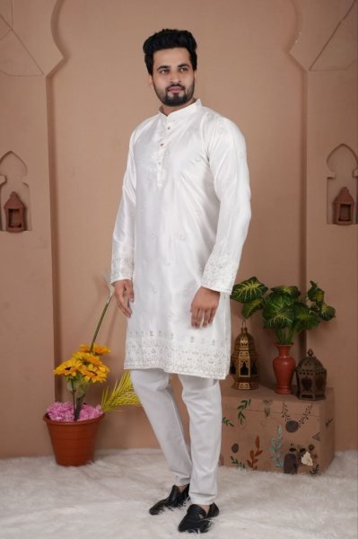 Dazzling White Stylish Men Kurta with Sequins Work for Wedding Wear Kurta Pajama Wholesale