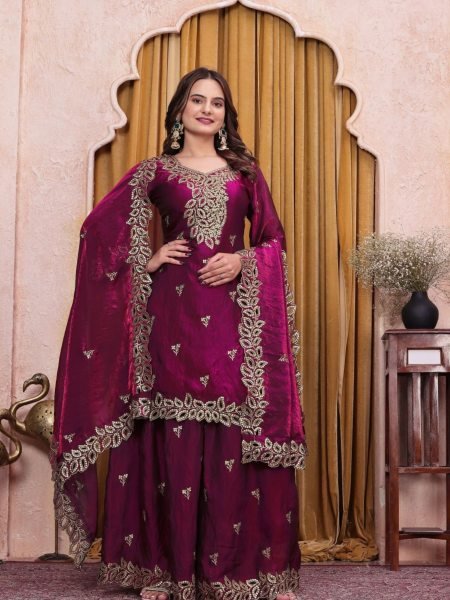Dazzling Wine Fendy Silk Sharara Suit Set with Dupatta Using Embroidered Work For Party wear Ready To Wear Suit