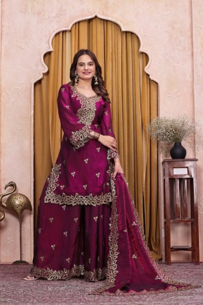Dazzling Wine Fendy Silk Sharara Suit Set with Dupatta Using Embroidered Work For Party wear Ready To Wear Collection