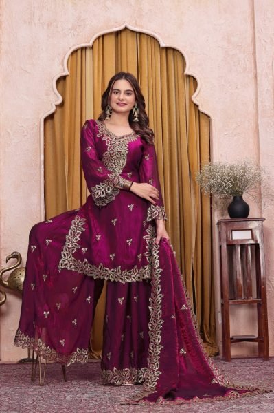 Dazzling Wine Fendy Silk Sharara Suit Set with Dupatta Using Embroidered Work For Party wear Ready To Wear Collection