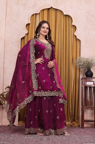 Dazzling Wine Fendy Silk Sharara Suit Set with Dupatta Using Embroidered Work For Party wear Ready To Wear Collection