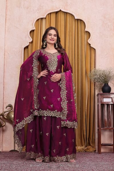 Dazzling Wine Fendy Silk Sharara Suit Set with Dupatta Using Embroidered Work For Party wear Ready To Wear Collection