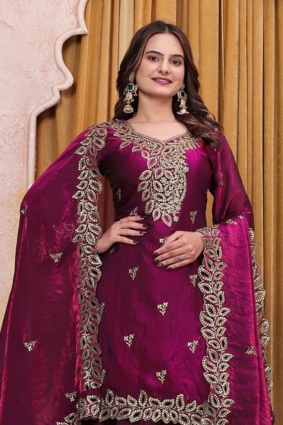 Dazzling Wine Fendy Silk Sharara Suit Set with Dupatta Using Embroidered Work For Party wear Ready To Wear Collection