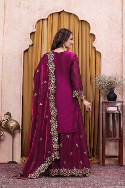 Dazzling Wine Fendy Silk Sharara Suit Set with Dupatta Using Embroidered Work For Party wear Ready To Wear Collection