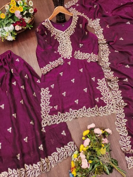 Dazzling Wine Fendy Silk Sharara Suit Set with Dupatta Using Embroidered Work For Party wear Ready To Wear Collection