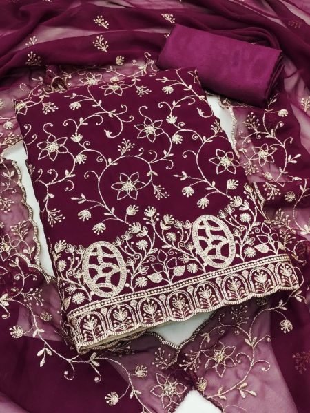 Dazzling Wine Original Georgette Unstitched Suit with Heavy Zari Work and Dupatta 