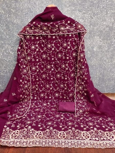Dazzling Wine Original Georgette Unstitched Suit with Heavy Zari Work and Dupatta Color Set Matching Dress Material Wholesale