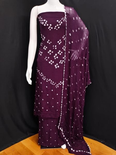 Dazzling Wine Purple Hand Bandhej Rayon Dress Material with Unstitched Bottom Dress Material 